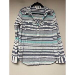 Cato Striped Button Up Top Womens Large Blue White Cotton Excellent Roll Tab